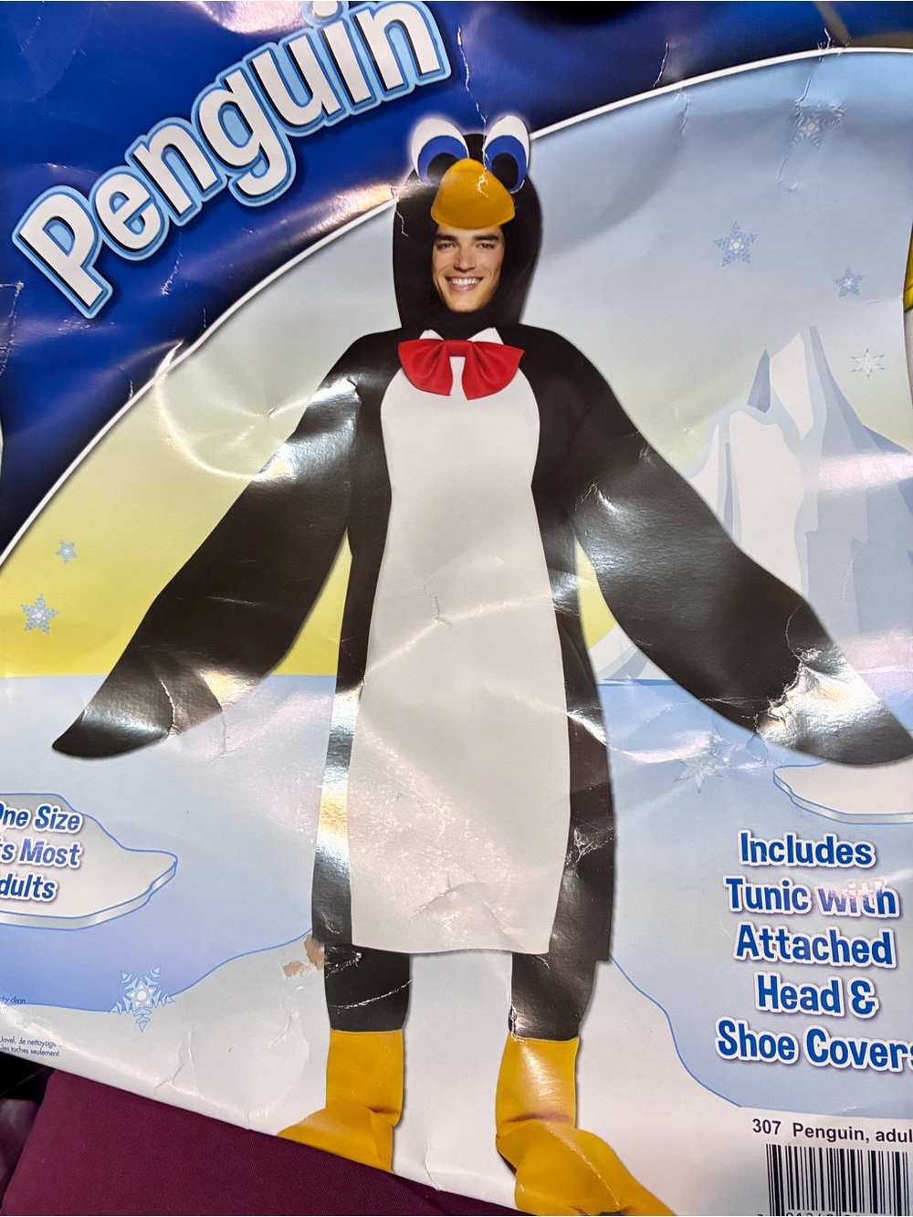 Penguin Adult Costume - Black, White & Yellow Tunic with Red Bow